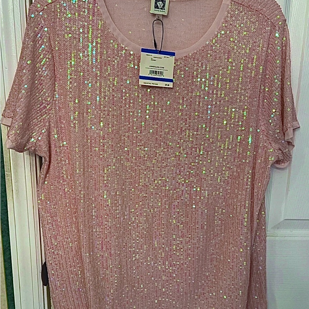 Anne Klein Pink Sequin Short Sleeve Top
